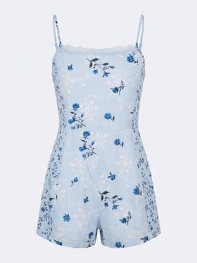 Girls light Blue Floral Lace-Trim Romper -